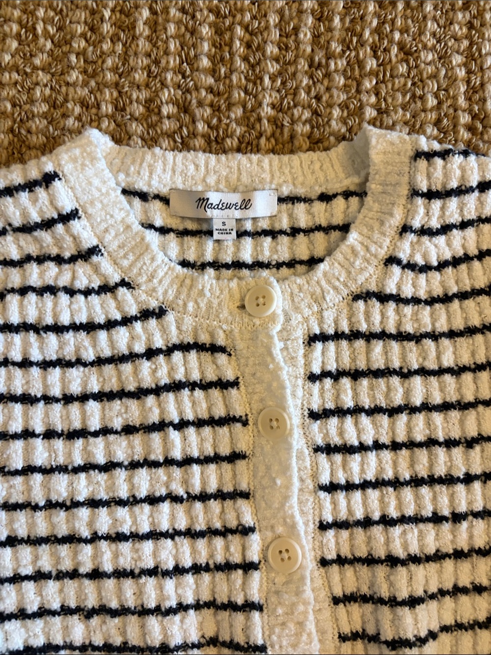 Madewell Cream and Black Striped Button-Front Cardigan